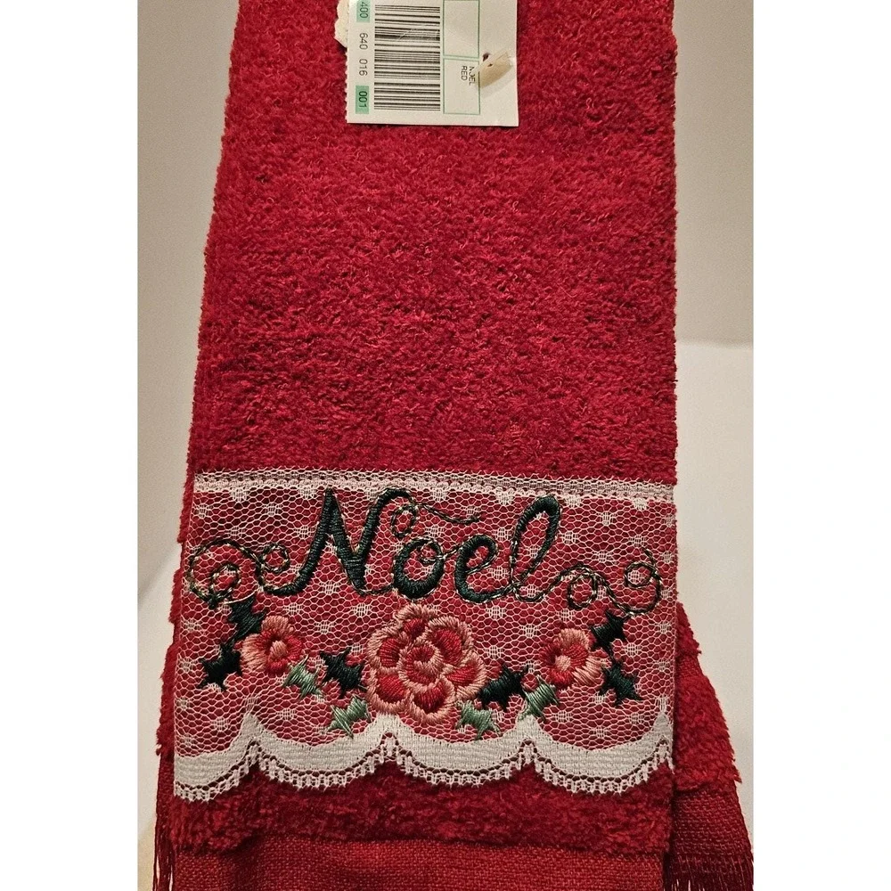 VTG Cannon Red Green Ivory Lace Fingertip 4Towels Santa Noel‎ Fringe NOS Holiday
